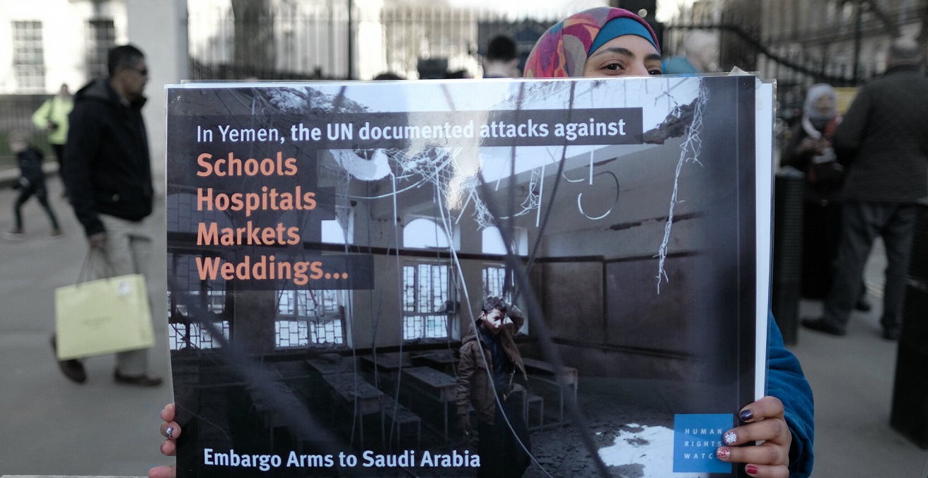 To mark the third anniversary of the UK backed Saudi terror bombing campaign of Yemen, about a dozen activists staged a protest at Trafalgar Square and later opposite Downing Street. The sign reads 