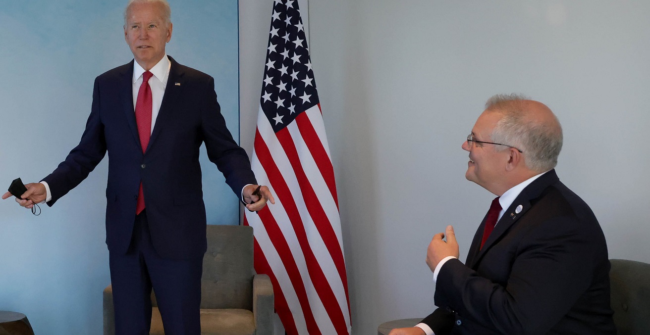 The President of the United States Joe Biden and the Prime Minister of Australia Scott Morrison during a meeting at the  G7 Summit in Carbis Bay, Cornwall. Picture by Andrew Parsons/No 10 Downing Street https://bit.ly/3vENR6E