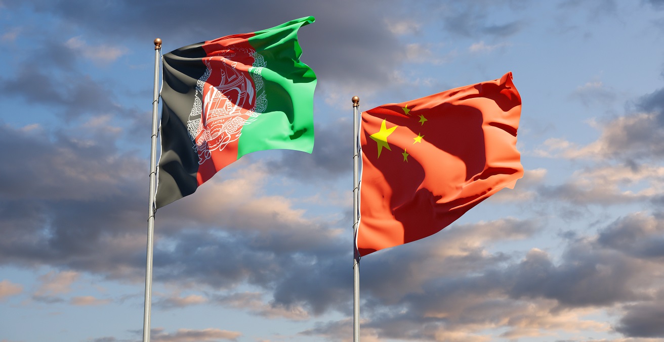 State flags of China and Afghanistan together in front of a sky background. Source: Leo Altman/Shutterstock.