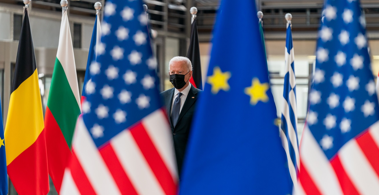 President Joe Biden poses for photos as he arrives and is greeted by President of the European Commission Ursula von der Leyen, Tuesday, June 15, 2021, at the European Council Headquarters in Brussels. (Official White House Photo by Cameron Smith)