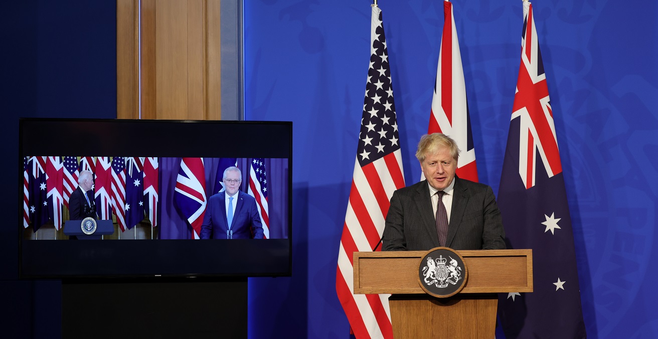 Prime Minister Boris Johnson joins US President Joe Biden and the Australian Prime Minister Scott Morrison from No9 Downing Street at the launch of the AUKUS Partnership. Picture by Andrew Parsons / No 10 Downing Street https://bit.ly/3CyQkDx