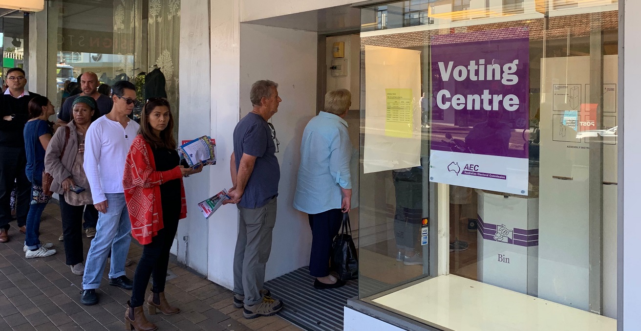 Voters line up outside a polling center in Sydney during the 2019 federal elections. Source: M. W. Hunt / Shutterstock
