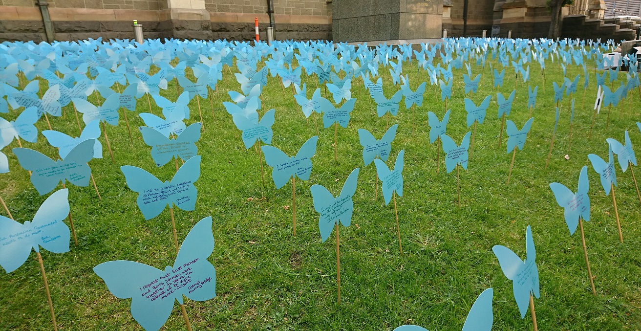 800 butterflies, each with a messsage of support, were posted outside St. Paul's in Melbourne for a vigil for Kylie Moore-Gilbert. Photo supplied by John Sanderson. 