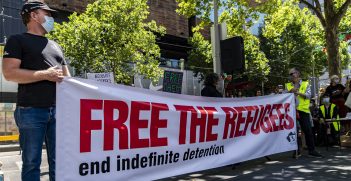 Rally called by the Refugee Action Collective, calling for the release of 60 refugees currently being detained in Park Hotel, Carlton, January 2021. Source: Matt Hrkac https://bit.ly/3nwHlO4 