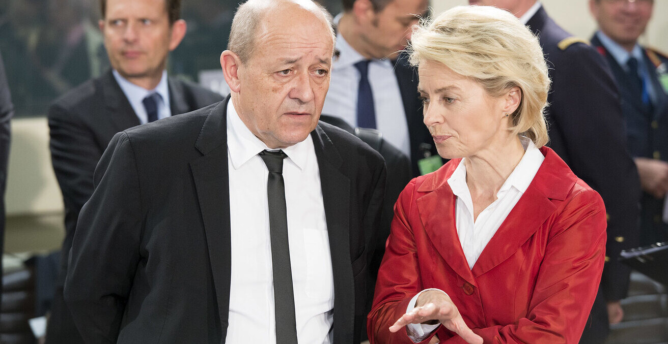Ursula von der Leyen, elected President of the European Commission in 2019, speaks with Jean-Yves Le Drian then French Minister of Defence at a Meeting of the NATO-Ukraine Commission in June 2014. Source: NATO, Flickr, https://bit.ly/3LrOyZi .