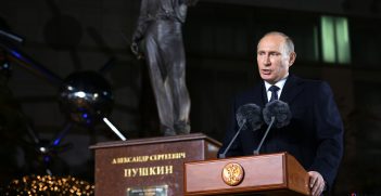 Russian President Vladimir Putin gives a congratulatory speech at the official unveiling ceremony for the statue of Russian poet Alexander Pushkin in Seoul, 2013. Source: Republic of Korea, Flickr, https://bit.ly/3vLQtmU.