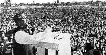 Bangladesh's Founding Father, Sheikh Mujibur Rahman speaks at a rally in 1971. Source: Wikimedia, https://bit.ly/3Nuf0Dq.