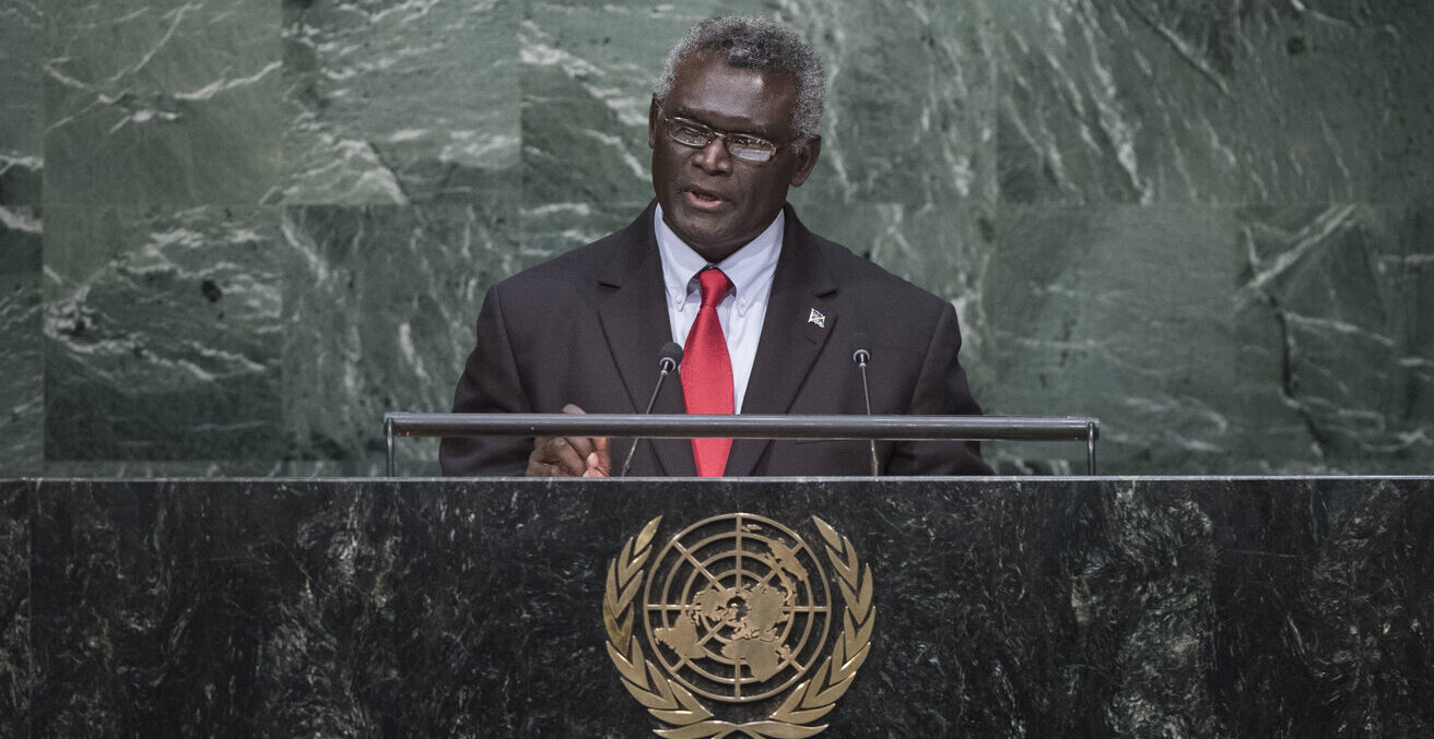 Prime Minister of Solomon Islands Addresses General Assembly  Manasseh Sogavare, Prime Minister of Solomon Islands, addresses the general debate of the General Assembly’s seventieth session.
01 October 2015
Source: United Nations Photo, Flickr, https://bit.ly/39cf8Yk