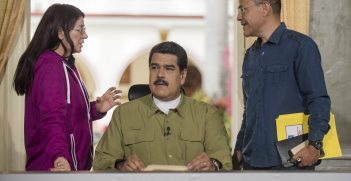 Cilia Flores, First Combatant of Venezuela, and Ernesto Villegas, Minister of Communication, talk with the President before beginning his Sunday television program in December 2016.
Source: Aeneas of Troy, https://bit.ly/3veoM4j, Flickr. 