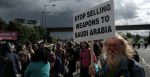 Protesters, angry at the vast extent of British military exports to murderous dictatorial regimes including Saudi Arabia, Bahrain, Egypt and Turkey, gathered outside the main road entrance to the venue at Excel in East London. Source: Alisdare Hickson https://bit.ly/3v3x7Yk