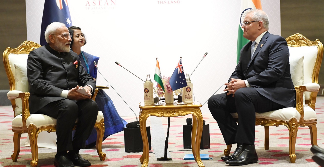 Prime Minister Narendra Modi meets Scott Morrison, Prime Minister of Australia on the sidelines of 35th ASEAN Summit 2019 in Bangkok. Source: MEA https://bit.ly/3EAZwt9