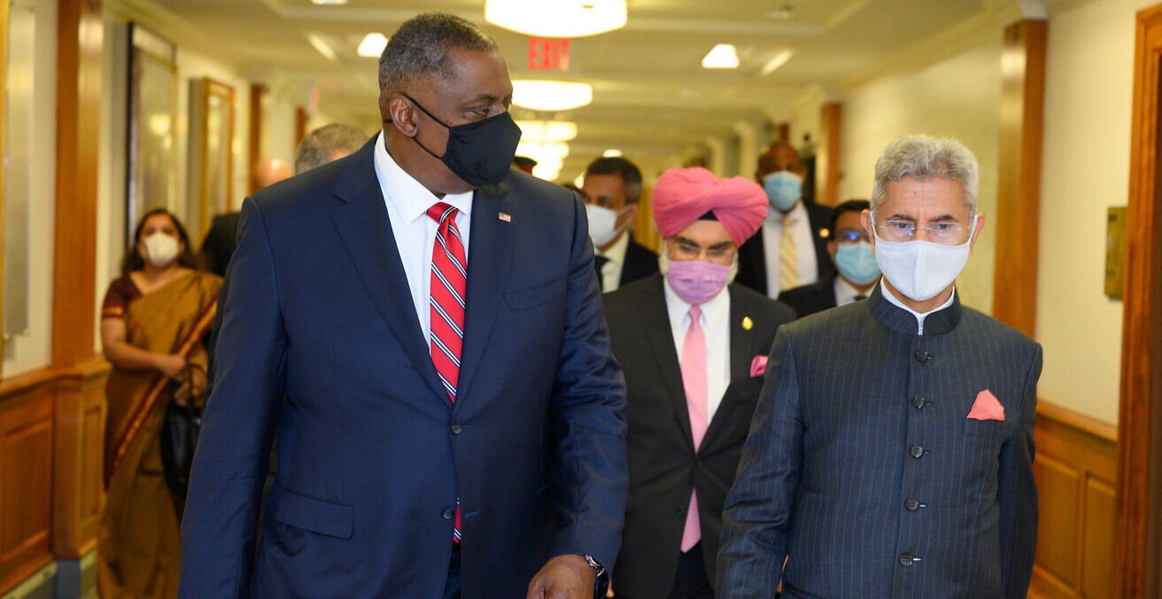 Secretary of Defense Lloyd J. Austin III speaks with Minister of External Affairs of the Government of India Subrahmanyam Jaishankar during a meeting from the Pentagon, Washington, D.C. May 28, 2021. Source: DoD photo by U.S. Air Force Staff Sgt. Jack Sanders, Flickr, https://bit.ly/3rA5O7b.