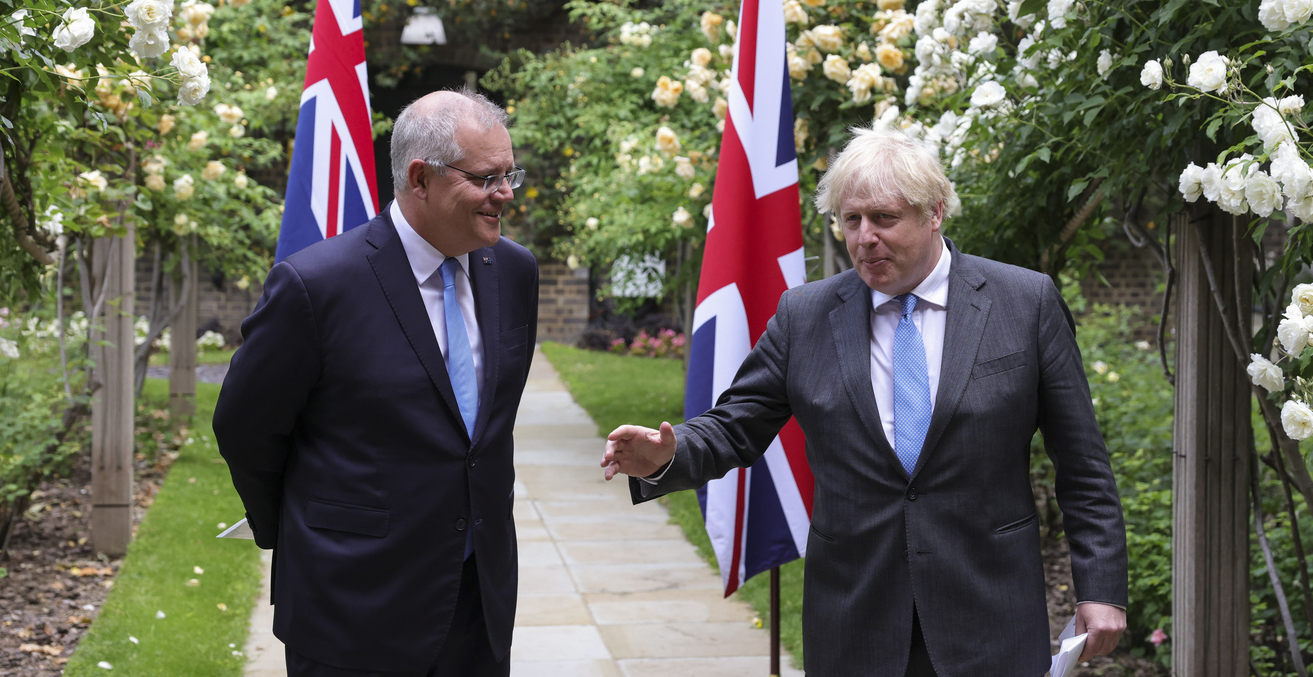 Prime Minister Boris Johnson and Prime Minister Scott Morrison speaks to members of the media in the garden of 10 Downing Street June 2021.
Source: Prime Minister's Office UK.
https://bit.ly/3LincnS