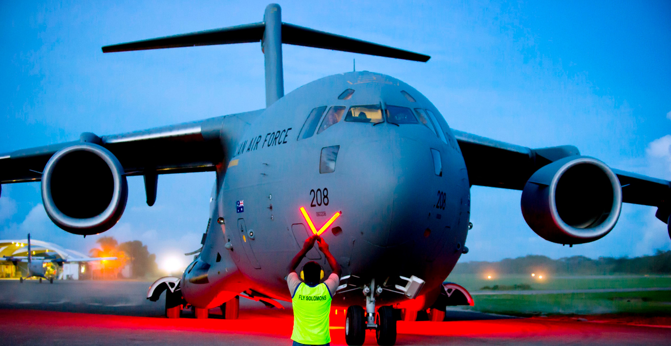 Australia's C17 Aircraft Delivers Thousands of Emergency Supplies to Honiara on 9 April 2014.
Source: Phil Cullinan/Department of Foreign Affairs and Trade.
Source: https://bit.ly/3G7rhKG