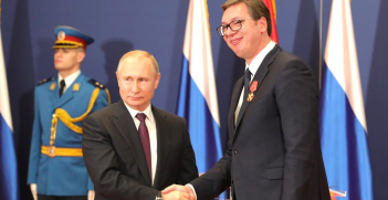 President Putin shaking hands with President Vučić  of Serbia 2019.
Source: Presidential Press and Information Office.
https://bit.ly/3wlk6v6