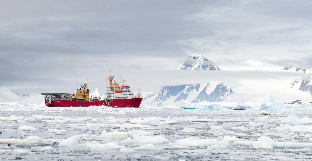 Royal Navy Ice Patrol Vessel HMS Protector at Galindez Island in the South Atlantic during Antarctic Treaty Inspections.
Source: Royal Navy Media Archive/ Flikr.
https://bit.ly/3LO7iSi