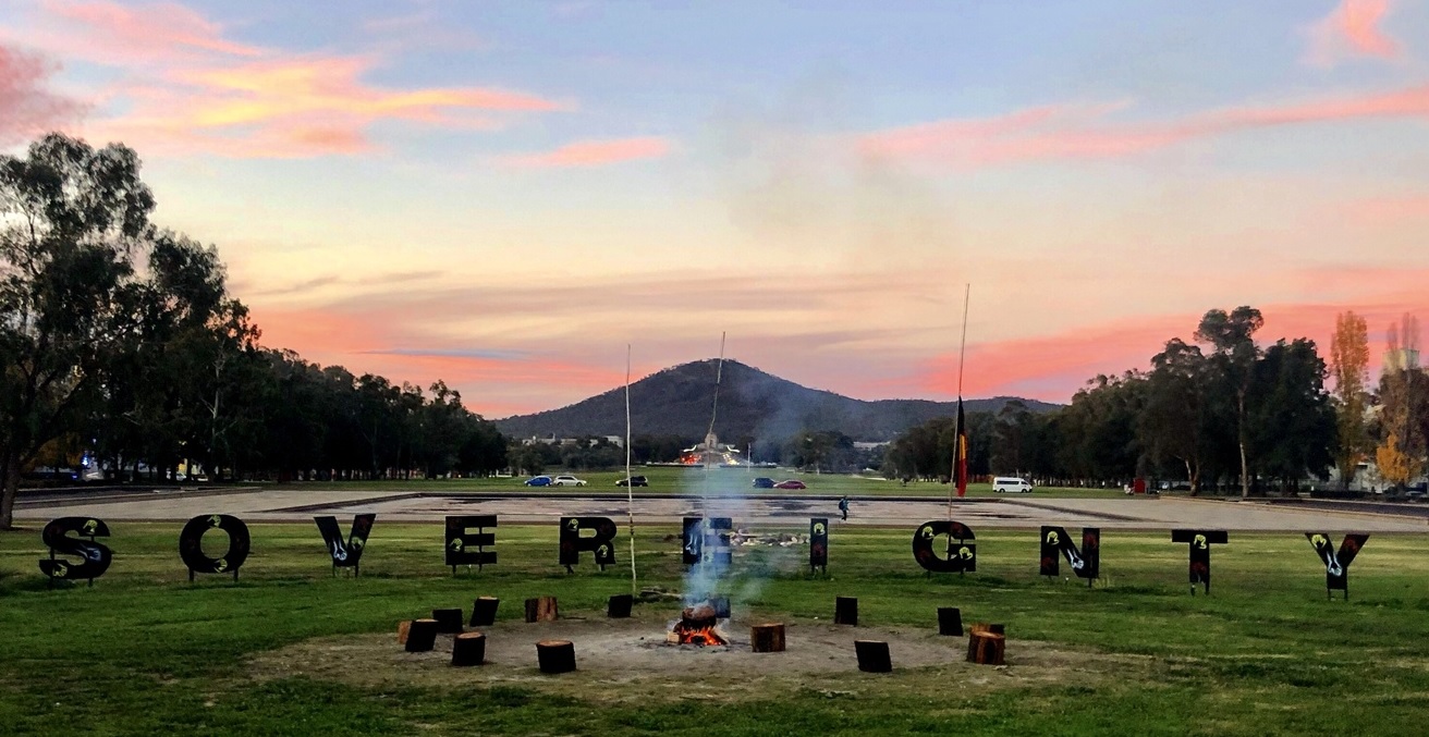 Image of Sovereignty artwork at the Aboriginal Tent Embassy, OPH Canberra.
Source: James Blackwell (Author)