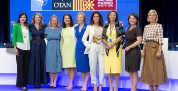 NATO Secretary General's Special Representative for Women, Peace and Security Irene Fellin (left) with several NATO ministers. 
Source: NATO, Flickr, https://bit.ly/3Izl9fs