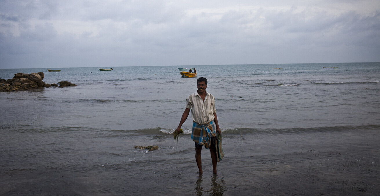 A fisherman collects seaweed along the Mathagal beach as other fisherman arrive to shore after fishing in the early hours of the morning, 2011. 
Source: DFAT, Flickr, https://bit.ly/3vxQZUE.