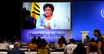 Mia Mottley, Prime Minister of Barbados, speaking at the Exploring Loss and Damage event at Cop 26 on the 8th November 2021 at the SEC, Glasgow. Photograph: Justin Goff/ UK Government,  https://bit.ly/3dhqix1