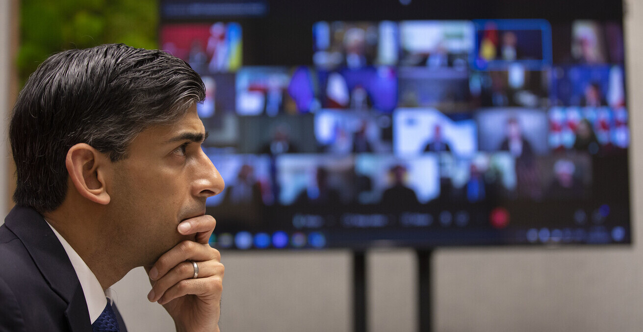 Chancellor Rishi Sunak takes part in a specially convened video conference call with G7 finance ministers in March 2022.
Source: HM Treasury, Flickr, https://bit.ly/3zNEx4m.
