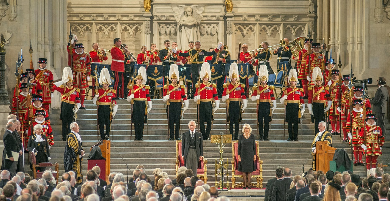 His Majesty King Charles III, accompanied by Her Majesty The Queen Consort, attended Parliament on the morning of Monday 12 September to receive Addresses from both Houses. Copyright House of Lords 2022 / Photography by Annabel Moeller. https://bit.ly/3UxE5Rd