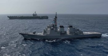 US Navy’s forward-SS Ronald Reagan sails alongside the Japan Maritime Self-Defense Force guided-missile destroyer JS Myoko. Source: US Pacific Fleet, Flickr, https://bit.ly/3EJ60bu