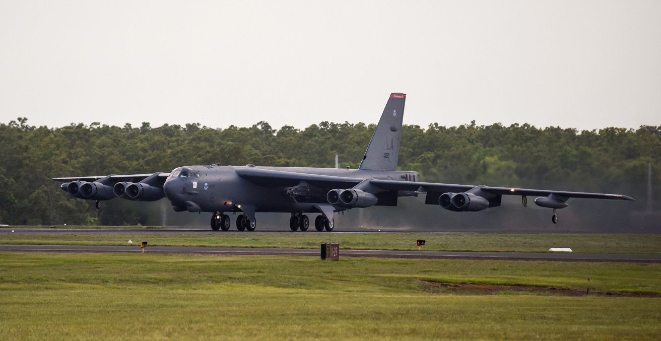 A U.S. Air Force B-52 Stratofortress bomber, assigned to the 96th Expeditionary Bomb Squadron, deployed from Barksdale Air Force Base, Louisiana, takes off from Royal Australian Air Force Base (RAAF) Darwin, Australia, to return to Andersen Air Force Base, Guam, Dec. 9, 2018. The B-52 was in RAAF Darwin, Australia participating in exercise Lightning Focus, an Australian training exercise designed around improving, developing and integrating partner capabilities as part of Enhanced Air Cooperation (EAC) under the Force Posture Initiative between the United States and Australia. (U.S. Air Force photo by Senior Airman Christopher Quail)
