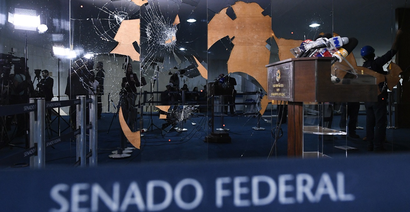 Damage caused by the attack that took place on Sunday 8 January in the Senate building in Brasilia. Source: Edilson Rodrigues/Agência Senado https://bit.ly/3Xhonuk