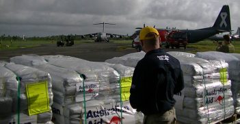 Humanitarian supplies being loaded into MHR90s for transport to Koro island. Source: Department of Foreign Affairs and Trade/http://bit.ly/3I9adGU