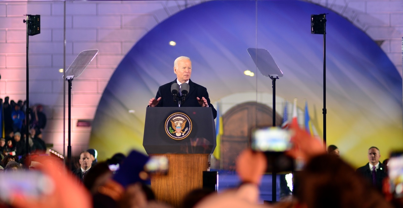 Warsaw, Poland. 21 February 2023. USA President Joe Biden at the Warsaw Royal Castle Gardens. The speech on the anniversary of the Russian invasion of Ukraine as part of his visit to Poland. Source: Grand Warszawski / Shutterstock.com