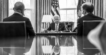 President Joe Biden prepares with staff before meetings with members of Congress, Tuesday, April 26, 2022, in the Oval Office. Source: Adam Schultz/http://bit.ly/3lv3KNJ