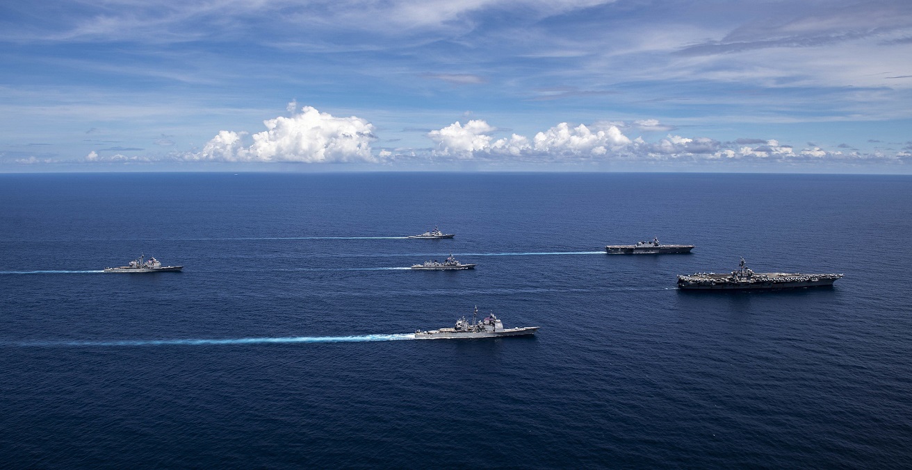 U.S. and Japan naval ships transit together in the South China Sea, 2021. Source: USPACOM/http://bit.ly/3ZFMHa4