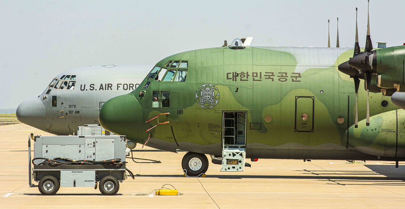 Parked Pals: An Air Force aircraft and a South Korean C-130 Hercules sit on the flightline at Rosecrans Air National Guard Base, Mo., May 12, 2022. source: Michael Crane/https://bit.ly/3pKFpoX