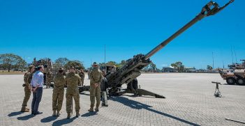 Deputy Prime Minister and Minister for Defence, the Hon Richard Marles MP inspects an M777 Howitzer from the 4th Regiment, Royal Australian Artillery during his visit to the 3rd Brigade at Lavarack Barracks, Townsville, Queensland. Source: LCPL Riley Blennerhassett / https://t.ly/lZucI