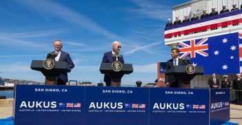 13/03/2023. San Diego, United States. The Prime Minister Rishi Sunak, the Prime Minister of Australia Anthony Albanese and the President of the United States of America Joe Biden make a joint statement about future military collaboration at San Diego Naval Base. Source: Simon Walker / No 10 Downing Street / https://t.ly/nxxKw