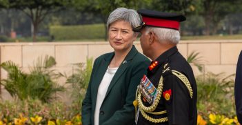 Senator the Hon Penny Wong, Minister for Foreign Affairs visit to New Delhi, India for the Foreign and Defence Ministers 2+2 Meeting on 20 and 21 November 2023.  Joint wreath laying by Senator the Hon Penny Wong, Minister for Foreign Affairs and the Hon Richard Marles MP, Deputy Prime Minister of Australia and Minister for Defence at the National War Memorial, New Delhi. Source: DFAT / https://t.ly/g8OON